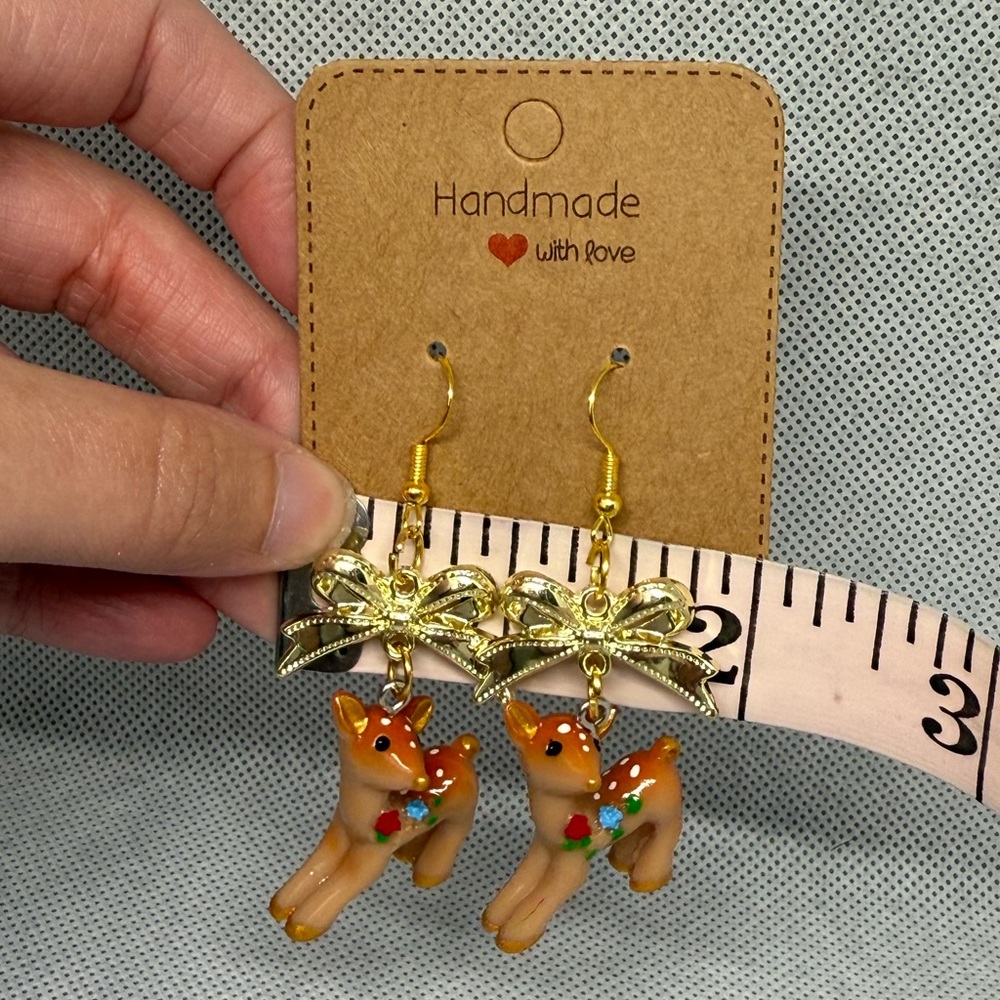Handmade Golden Bow Reindeer Earrings - Picture 5 of 6